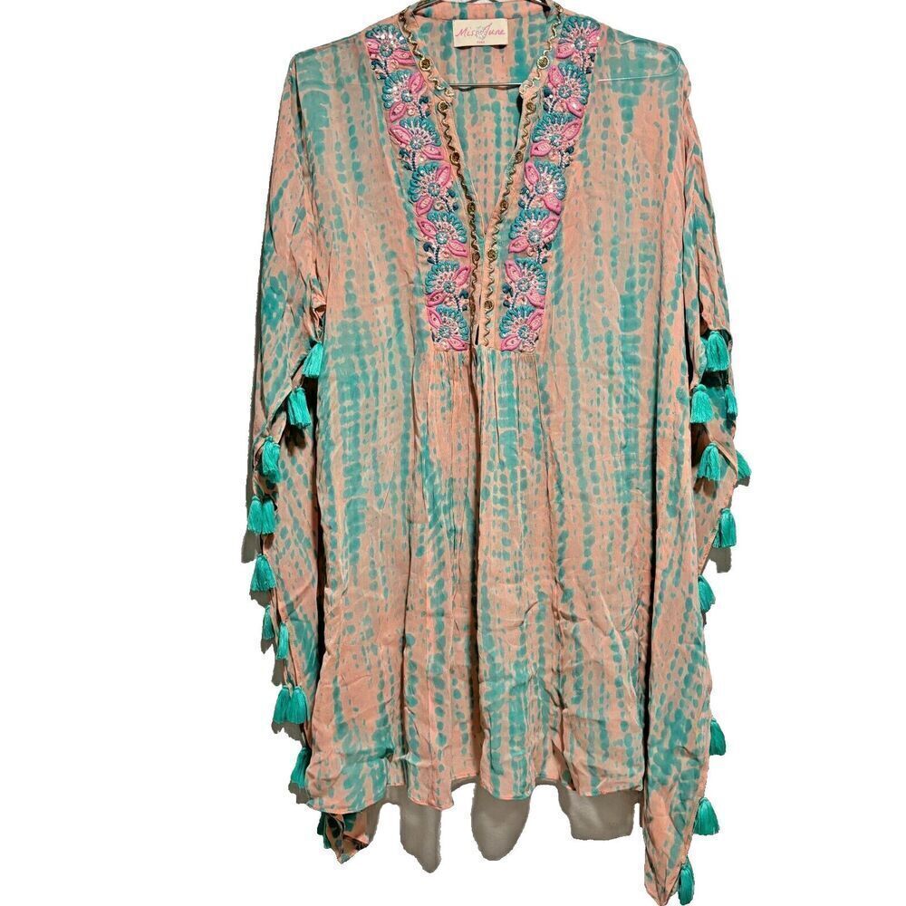 Miss June Paris Womens Tassel Tunic Kaftan Dress Multicolor Sequins‎ Embroidered
